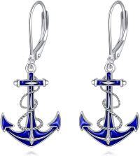 wholesale 925 Sterling Silver Blue Enamel Anchor Dangle Earrings for Women Ocean Theme  4cm Long-Blue Anchor Earrings