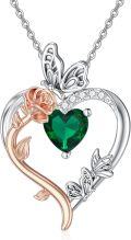 wholesale TOUPOP May Birthstone Necklace 925 Sterling Silver Rose Heart Emerald Necklace Heart Butterfly Pendant Necklace Jewelry Anniversary Birthday Christmas Gifts For Women Her Wife Girlfriend Mom -0-0