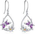 wholesale 925 Sterling Silver Purple Flower and Butterfly Dangle Drop Earrings  for Women-0-0