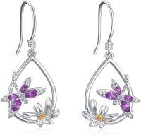 wholesale 925 Sterling Silver Purple Flower and Butterfly Dangle Drop Earrings  for Women-Dragonfly Earrings