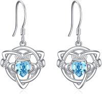 wholesale Sterling Silver Crystal Claddagh Celtic Knot Heart Dangle Earrings-Aquamarine