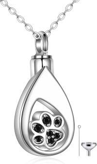 wholesale 925 Sterling Silver Teardrop Cremation Jewelry Pendant with Black Crystal Paw Print and Funnel Set for Ashes Memorials-Paw