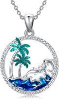 wholesale 925 Sterling Silver & Birthstone Dolphin Pendant Necklace with Palm Tree & Ocean Wave, 20x20mm, 18+2 Adjustable Chain, Gift for Women-0-0