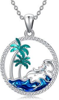 wholesale 925 Sterling Silver & Birthstone Dolphin Pendant Necklace with Palm Tree & Ocean Wave, 20x20mm, 18+2 Adjustable Chain, Gift for Women-04-Apr-Dolphin