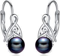 wholesale 925 Sterling Silver Black Pearl Celtic Knot Leverback Hoop Earrings for Women-01-white plated+black pearls