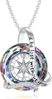 wholesale 925 Sterling Silver Rainbow Crystal Compass Pendant Necklace for Women's Graduation Gifts-B-Purple