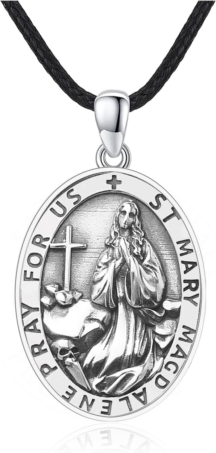 wholesale 925 Sterling Silver St Mary Magdalene Medal Necklace Pendant with Cross and Stone Charm-0-0