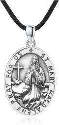 wholesale 925 Sterling Silver St Mary Magdalene Medal Necklace Pendant with Cross and Stone Charm-0-0