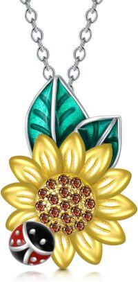 wholesale 925 Sterling Silver 925 Green Leaf Yellow Flower Red Black Dot Pendant Necklace Gift-Sunflower Ladybug