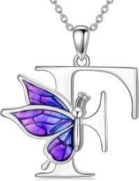 wholesale Sterling Silver Purple Butterfly A Z 26 Letters Pendant Necklace-Letter F-Letter F