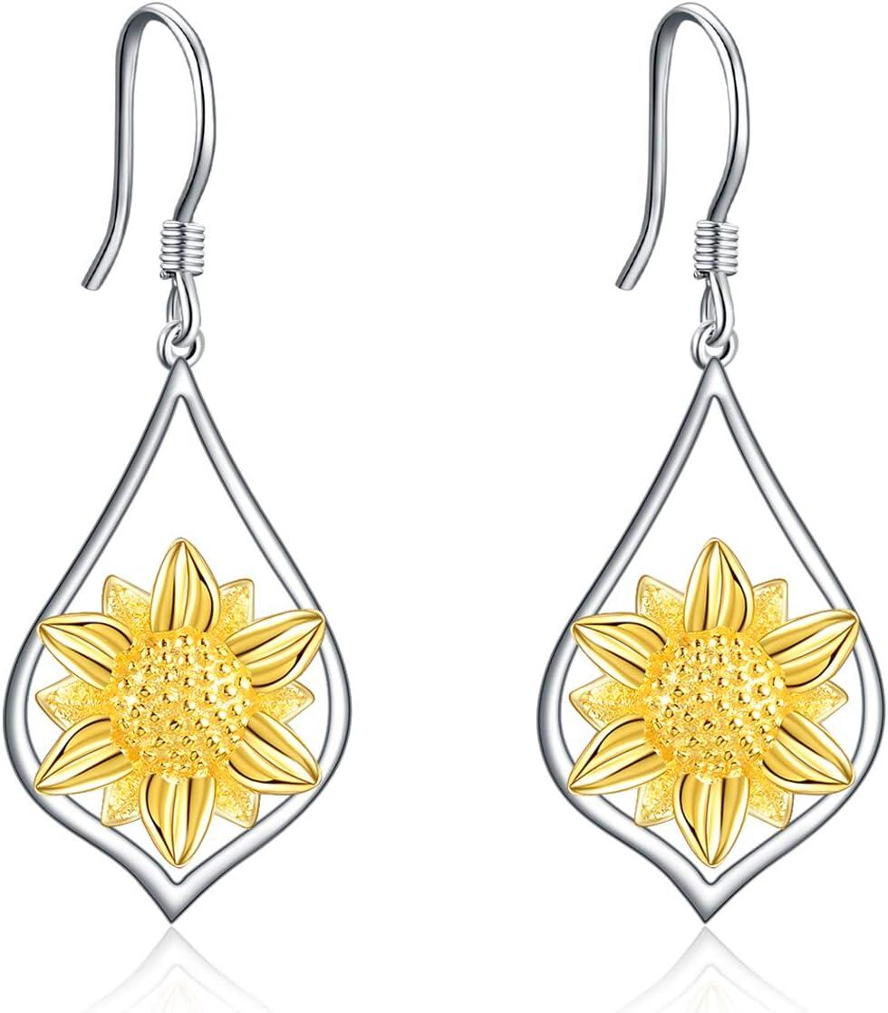  Metal Sterling Silver Stone Flower Dangle Drop Earrings for Women Mom Leverback Jewelry Gifts -03-Dangle- Sunflower
