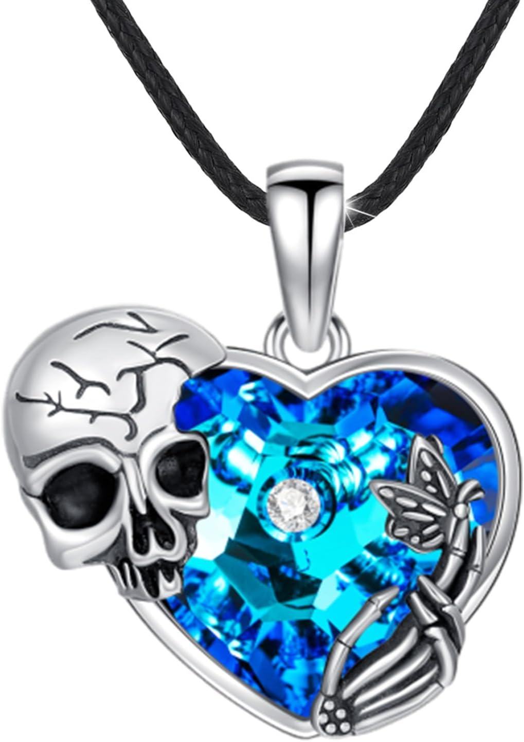 wholesale Sterling Silver Aquamarine Skull Necklace with Skeleton Hand 20+2 Chain-Butterfly Skull Black Chain-Butterfly Skull-Stainless Steel Chain