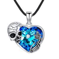 wholesale 925 Sterling Silver Heart-Shaped Pendant w/ Blue Crystal & Butterfly Charm on Black Cord (20 + Extender)-Butterfly Skull Black Chain-Butterfly Skull-Stainless Steel Chain