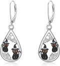 wholesale 925 Sterling Silver Witch Hat Black Cat Teardrop Dangle Earrings for Women Girls Halloween  4cm Long-0-0