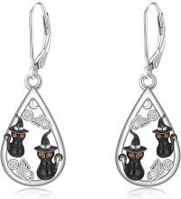 wholesale 925 Sterling Silver Witch Hat Black Cat Teardrop Dangle Earrings for Women Girls Halloween  4cm Long-01-Black Cat