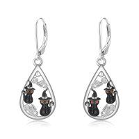 wholesale 925 Sterling Silver Halloween Black Cat Witch Hat Butterfly Drop Earrings-01-Black Cat