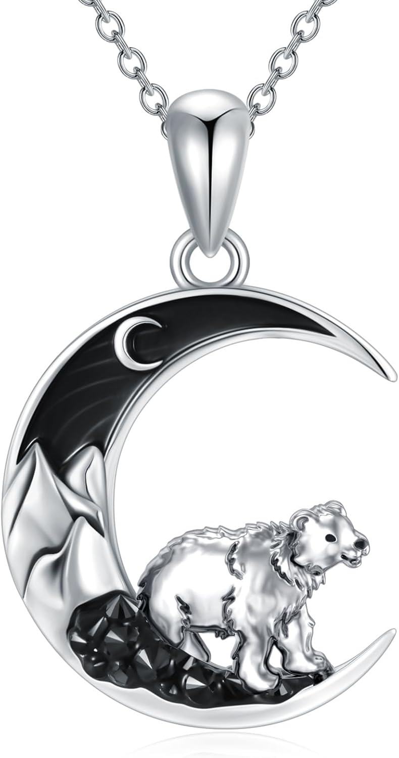 wholesale 925 Sterling Silver Crescent Moon Bear Pendant Necklace for Women Girls Gifts 48cm Chain Length-0-0