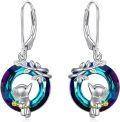 wholesale 925 Sterling Silver Elephant Dangle Drop Leverback Earrings with Blue Crystal and Gold Accents-0-0