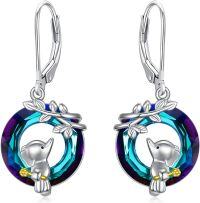 wholesale 925 Sterling Silver Elephant Dangle Drop Leverback Earrings with Blue Crystal and Gold Accents-Elephant