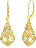 wholesale 14K Gold Teardrop Flower Vine Tree Of Life Leverback Drop Earrings-0-0