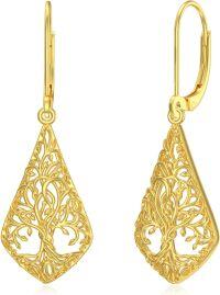 wholesale 14K Gold Teardrop Flower Vine Tree Of Life Leverback Drop Earrings-Tree of Life