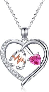 wholesale Sterling Silver Gemstone Heart Stethoscope Pendant Necklace for Women-A10:October-Tourmaline
