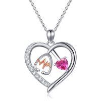 wholesale 925 Sterling Silver Gemstone Heart Stethoscope Pendant Necklace for Women-A10:October-Tourmaline