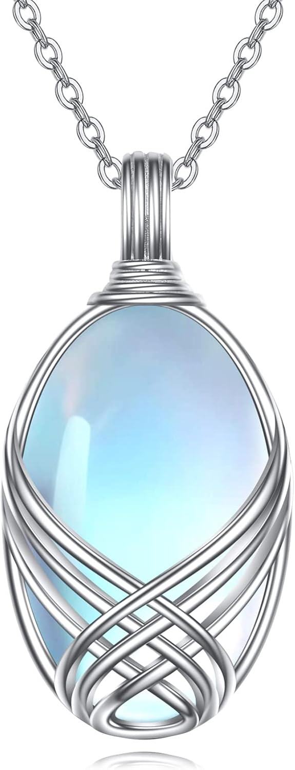 Sterling Silver Moonstone Filigree Teardrop Pendant Necklace for Women-E-Oval Moonstone Necklace