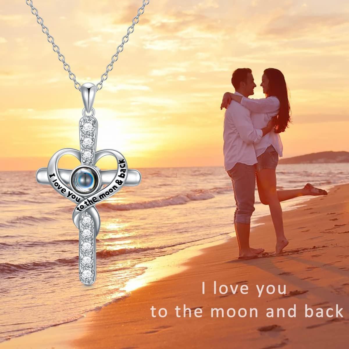 925 Sterling Silver 925 Crystal Heart Projection Cross Necklace with Custom Photo Engraving for Women and Girls-0-2