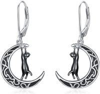 wholesale 925 Sterling Silver Moon & Star Cat Dangle Drop Earrings Gothic  for Her-Crescent Cat