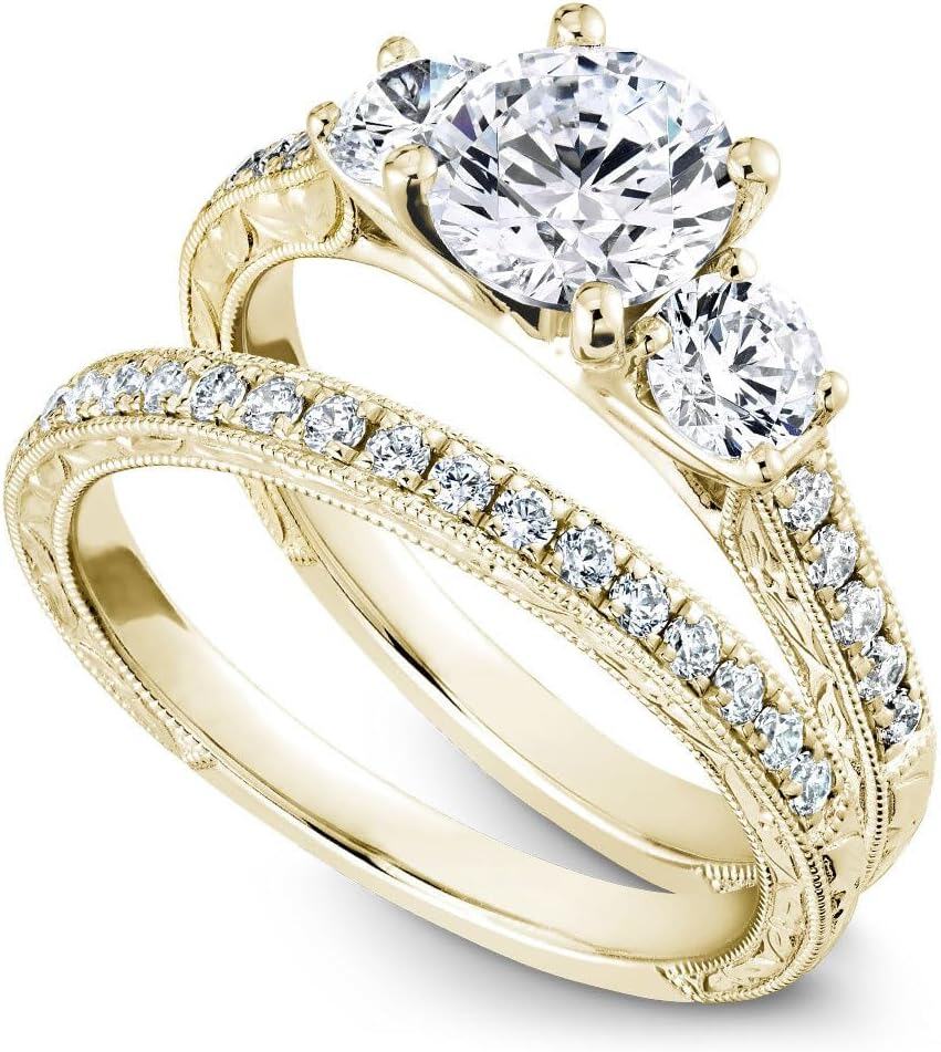 Sterling Silver White Yellow Rose Gold Moissanite D VVS1 Round Bridal Ring Set for Women-8 Filigree-3 Pcs Moissanites-Yellow Gold Plated