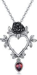 wholesale 925 Sterling Silver Metal Gothic Rose Heart Pendant with Garnet Gemstone Chain Necklace-0-0