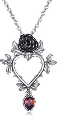 wholesale 925 Sterling Silver Metal Gothic Rose Heart Pendant with Garnet Gemstone Chain Necklace-Rose