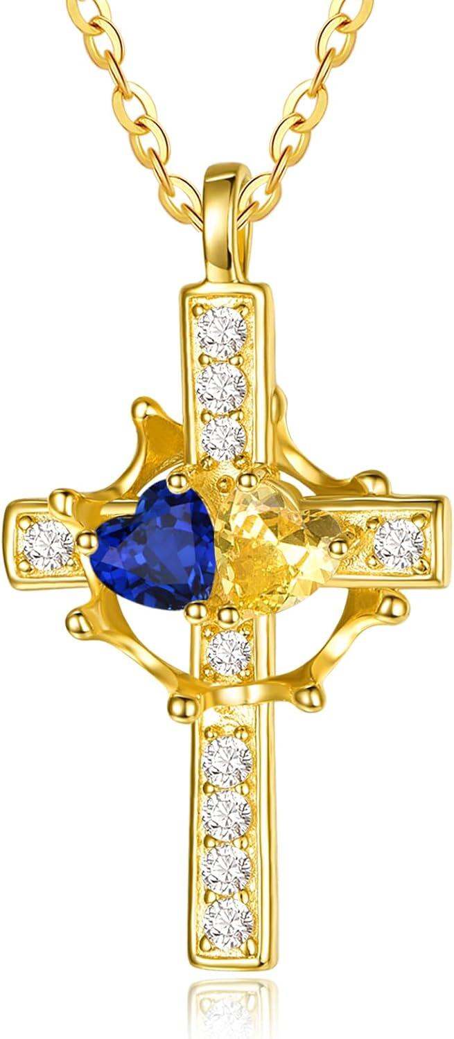 Sterling Silver Birthstones Gold Cross Necklace for Women -09-11-Sept-Nov-09-11-Sept-Nov