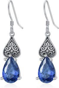 wholesale 925 Sterling Silver 12 Months Birthstone Vintage Teardrop Dangle Earrings-09-Sapphire-Blue