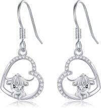 wholesale 925 Sterling Silver Hypoallergenic Heart-Shaped Cow Dangle Earrings with Cubic Zirconia Accents-Highland cow