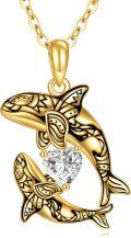 wholesale 14K Solid Killer Whale Heart Crystal Pendant Necklace - Mothers Day Gifts-0-0