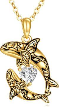 wholesale 14K Solid Killer Whale Heart Crystal Pendant Necklace - Mothers Day Gifts-Orca
