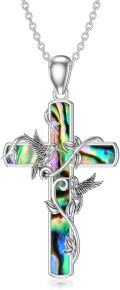 wholesale 925 Sterling Silver Abalone Shell Inlay Hummingbirds & Butterflies Cross Pendant Necklace Christian  for Women Girls-0-0