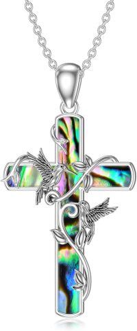 wholesale 925 Sterling Silver Abalone Shell Inlay Hummingbirds & Butterflies Cross Pendant Necklace Christian  for Women Girls-Hummingbird-abalone shells
