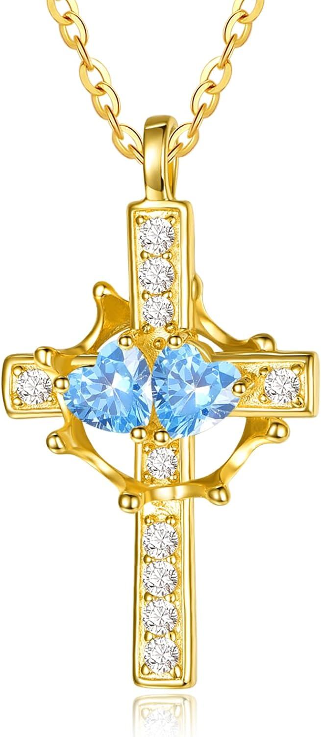 Sterling Silver Birthstones Gold Cross Necklace for Women -03-03-Mar-Mar-03-03-Mar-Mar