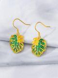 wholesale 925 Sterling Silver Green Enamel Monstera Leaf Drop Dangle Earrings for Women-0-2