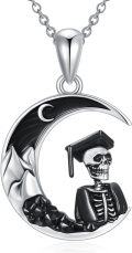 wholesale 925 Sterling Silver Crescent Moon Skull Graduation Cap Pendant Necklace-0-0