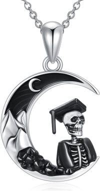 wholesale 925 Sterling Silver Crescent Moon Skull Graduation Cap Pendant Necklace-Graduation