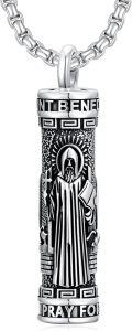 wholesale 925 Sterling Silver &  Saint Benedict Cylinder Keepsake Urn Necklace - Mens Womens Ashes Holder Memorial Jewelry -0-0