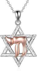 wholesale 925 Sterling Silver Star of David Pendant with Rose Gold Hebrew Letter Chai and Cubic Zirconia Cut Texture Design for Women Girls Judaica Gifts-0-0