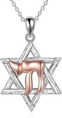 wholesale 925 Sterling Silver Star of David Pendant with Rose Gold Hebrew Letter Chai and Cubic Zirconia Cut Texture Design for Women Girls Judaica Gifts-Star of David Necklace