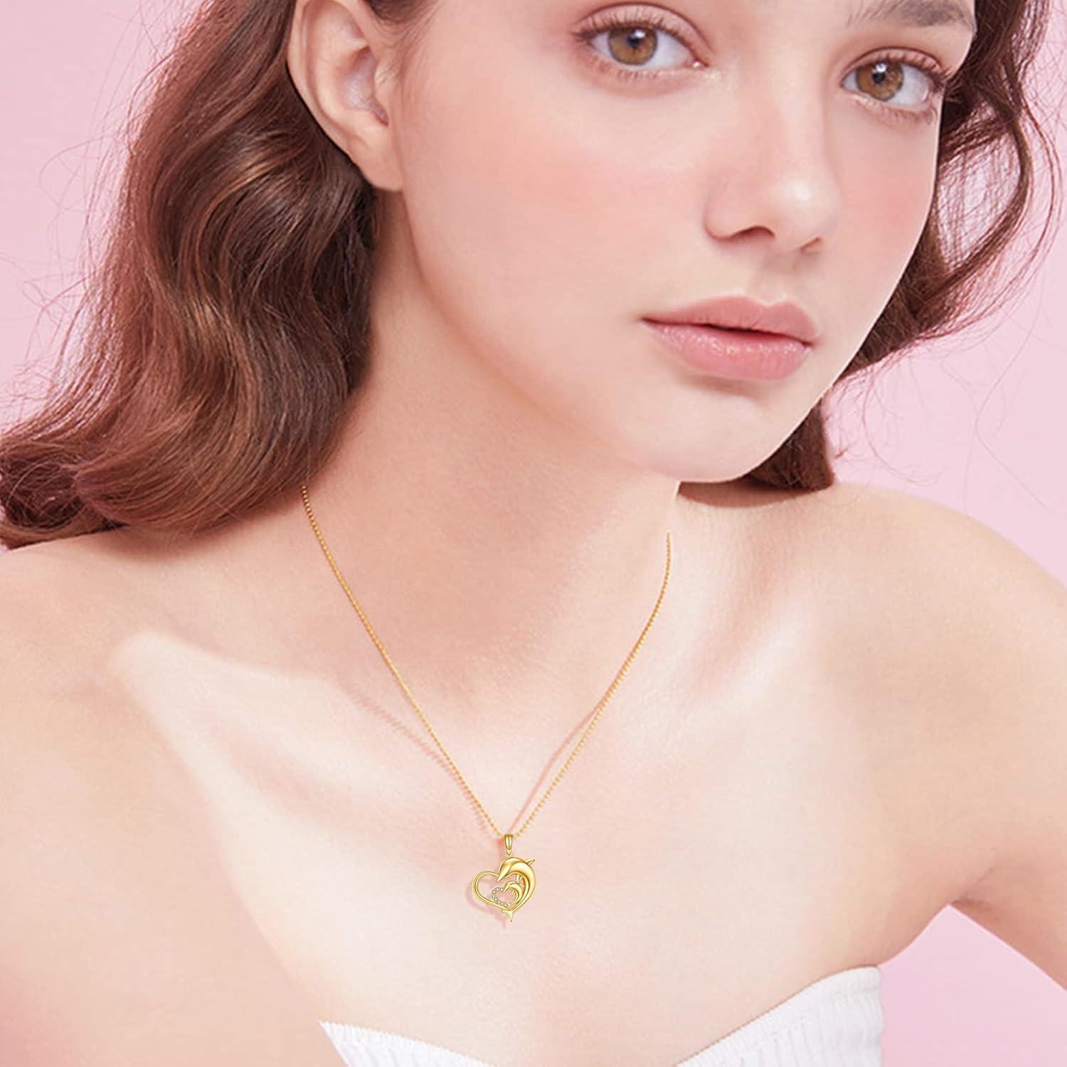 wholesale 14K Gold Dolphin in Heart Shape Pendant Necklace with Cubic Zirconia Gifts for Women-0-1