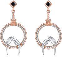 wholesale 925 Sterling Silver Black Cubic Zirconia Lovebirds Circle Drop Earrings Leverback -Bird-Rose Gold-Zircon Circle