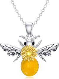 wholesale Sterling Silver CZ Bee Necklace Honeycomb Bumble Jewelry Gift for Women Girls Wife-Amber Bee